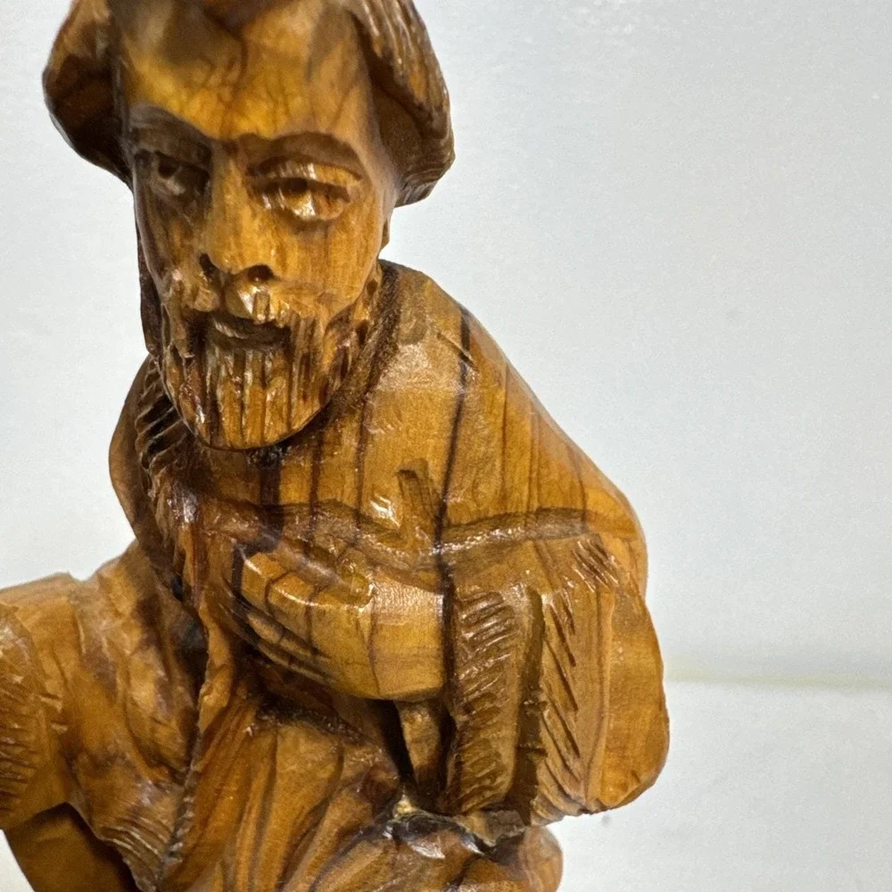 Hand Carved Olive Wood Nativity Scene Holy Family Manger Set on Wooden Base